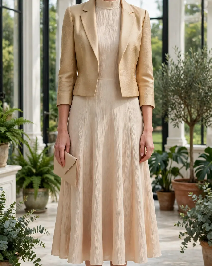 Champagne crepe midi dress with cropped blazer and nude pumps, modest elegant fall wedding guest outfit