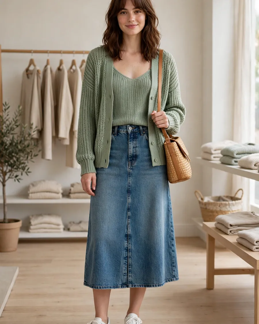 Sage green matching knit cardigan set with a medium-wash denim midi skirt and white sneakers
