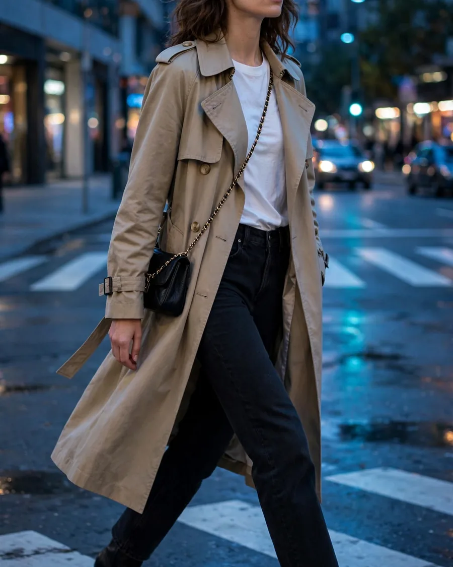 Classic trench coat with a white tee and black ankle boots