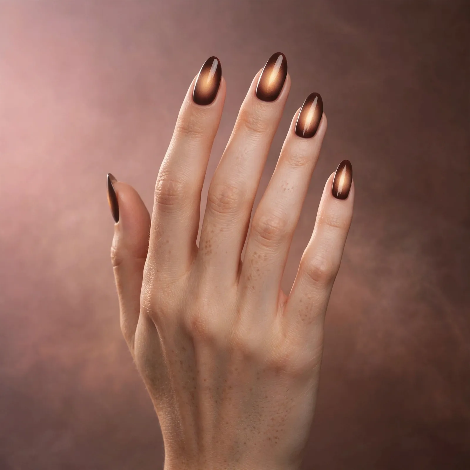 Chocolate aura nails with dark brown edges airbrushed into a caramel glow center