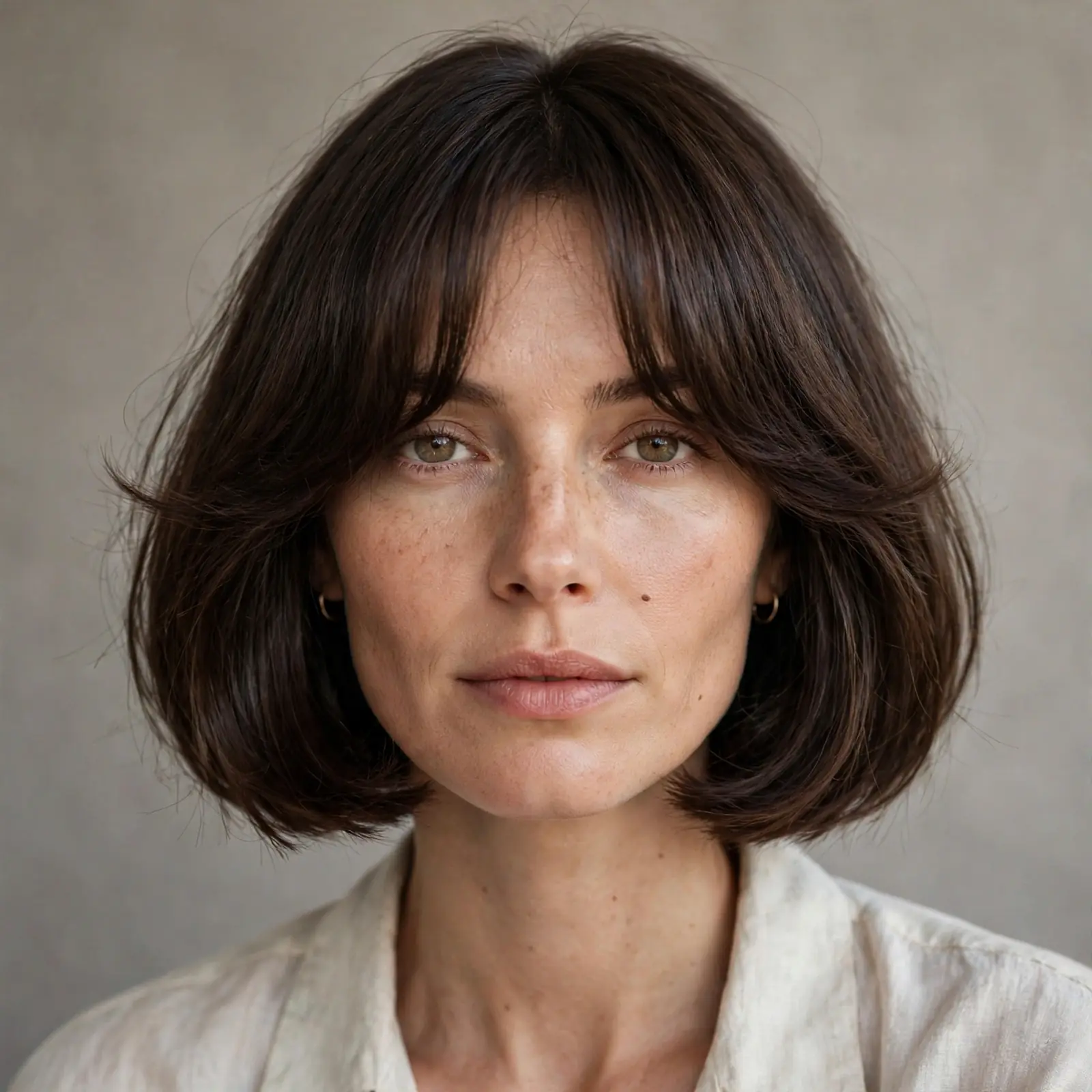 Chin-length French bob with curtain bangs opening above the cheekbones in rich brunette