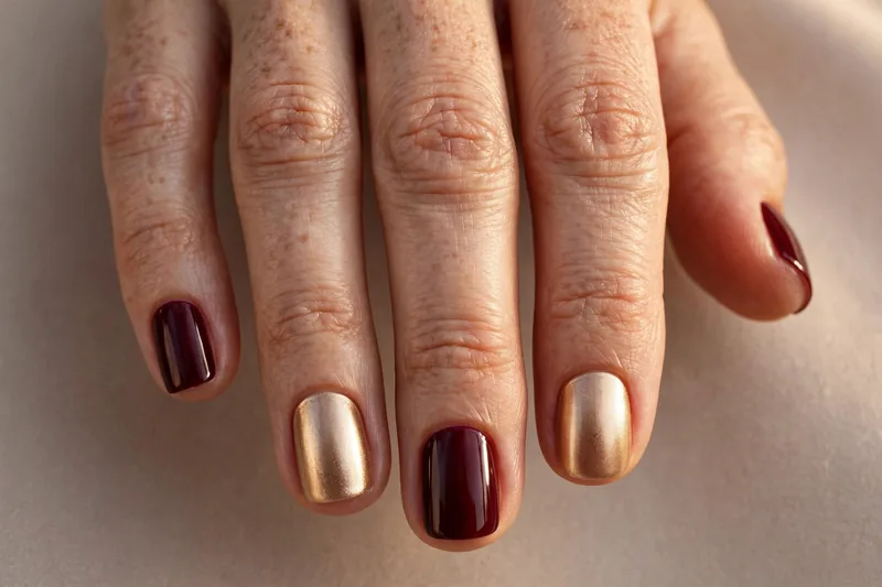 Burgundy and champagne alternating nail set in metallic gold on squoval nails