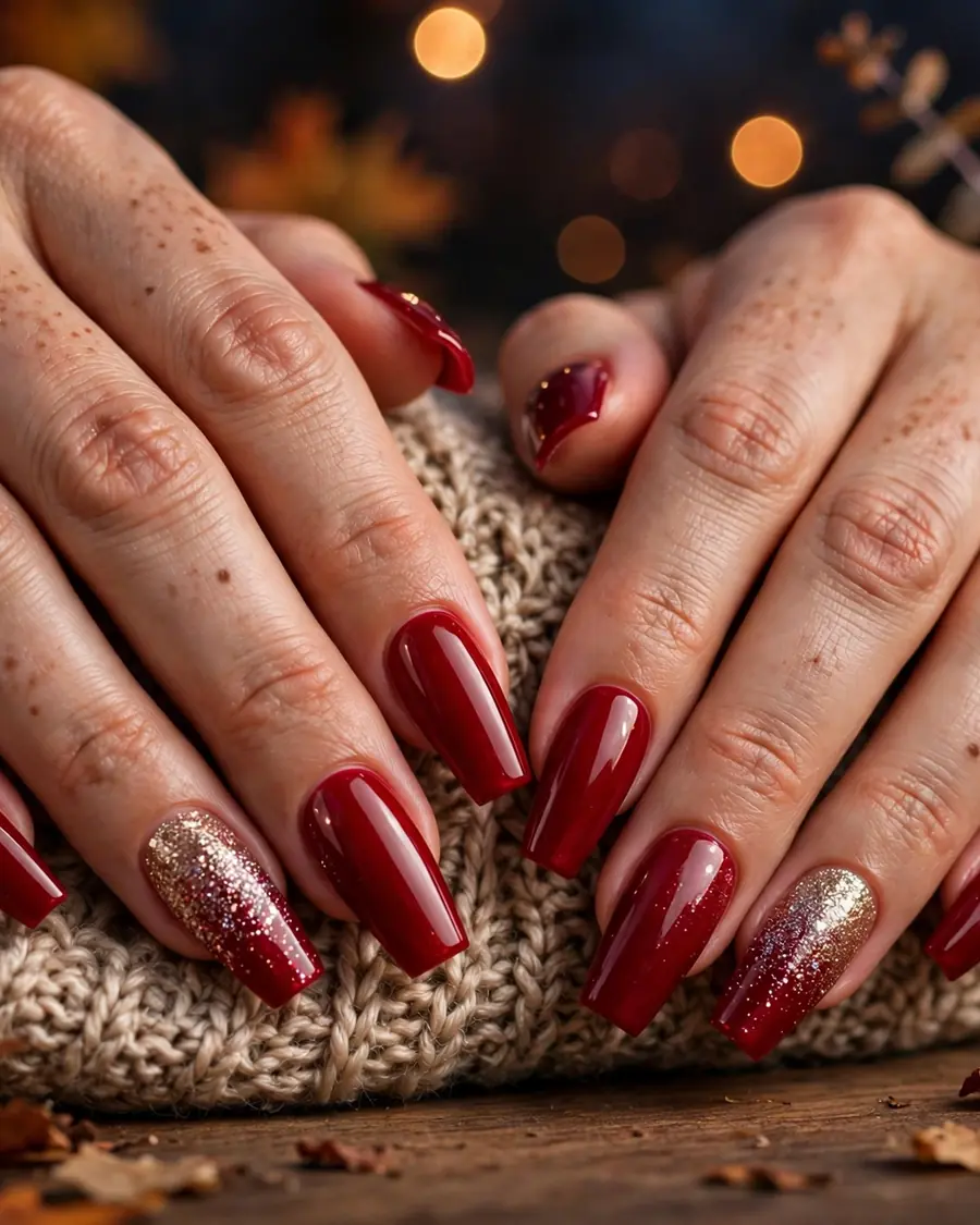 Cranberry glitter fade coffin nails with sparkling glitter tips for fall evening