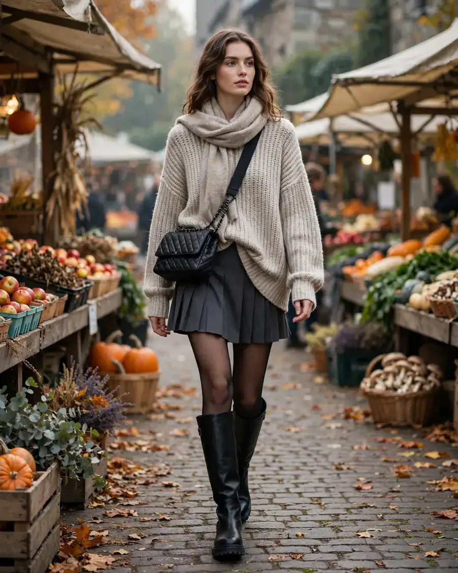 Chunky-sole knee-high boots with pleated mini skirt and oversized sweater