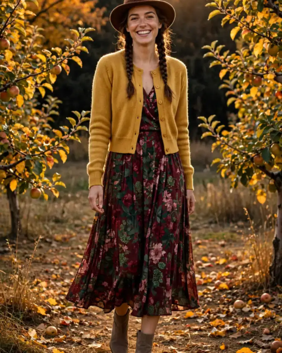 Mustard cropped cardigan buttoned over a burgundy floral midi dress with taupe suede ankle boots and fedora