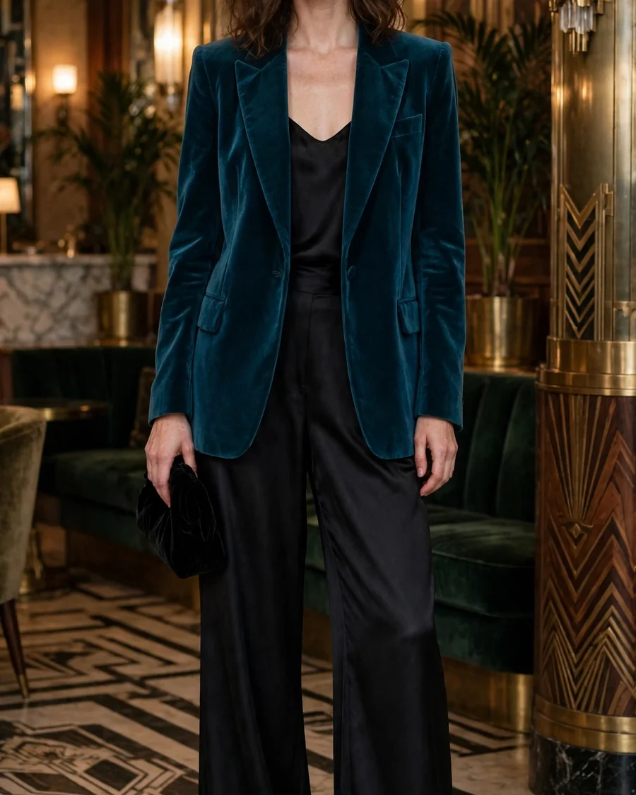 Deep teal velvet blazer with black silk camisole and black satin wide-leg trousers, tailored fall wedding guest suit