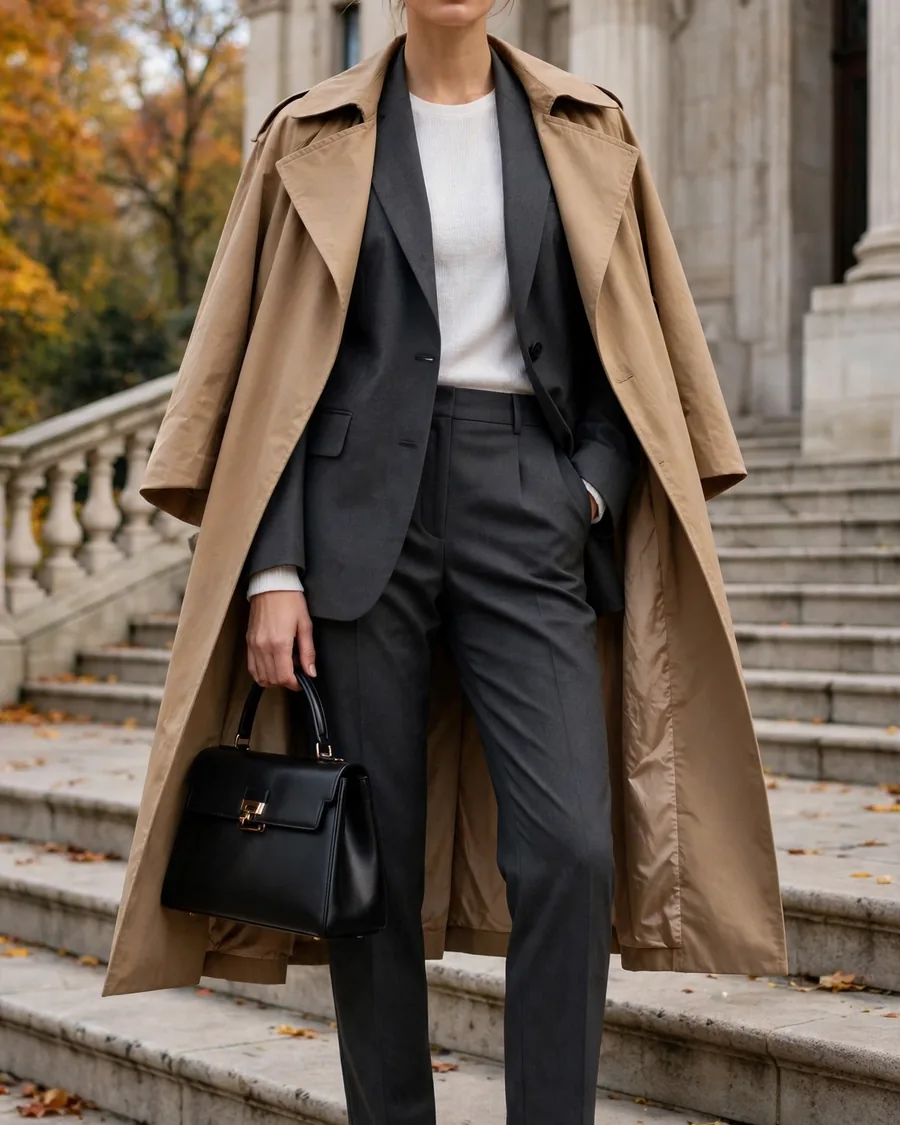 Trench coat draped over the shoulders on a tailored suit