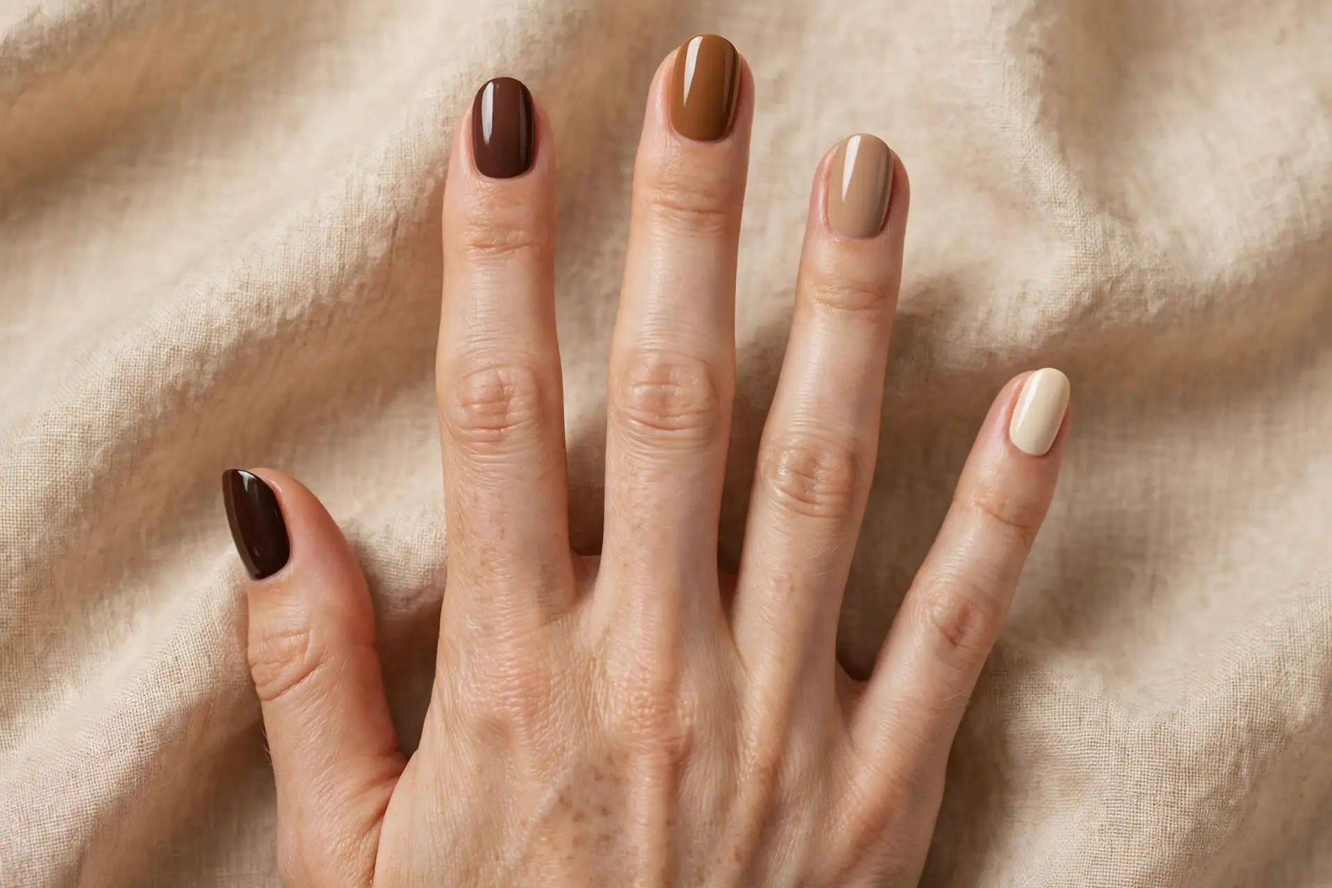 Mix-and-match skittle nails in five brown shades from espresso to cream on oval nails