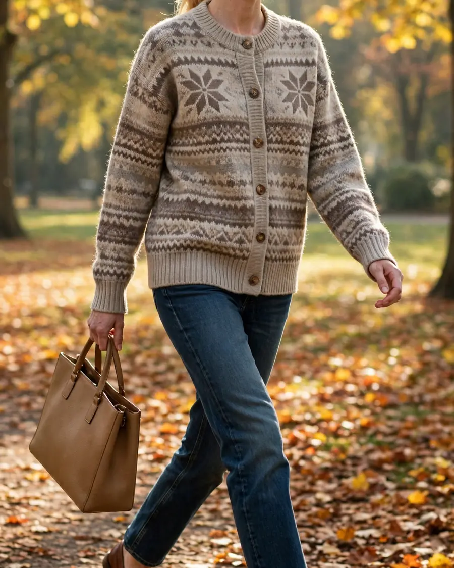Oatmeal and taupe fair isle cardigan with dark-wash straight-leg jeans and chestnut leather loafers in an autumn park
