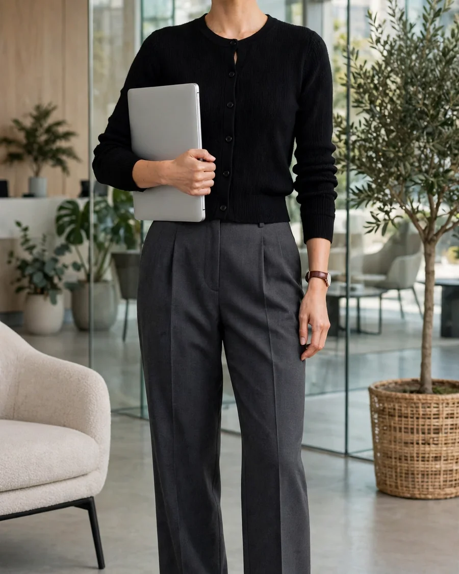 Black cropped button-up cardigan worn as a top tucked into charcoal wide-leg trousers with pointed flats