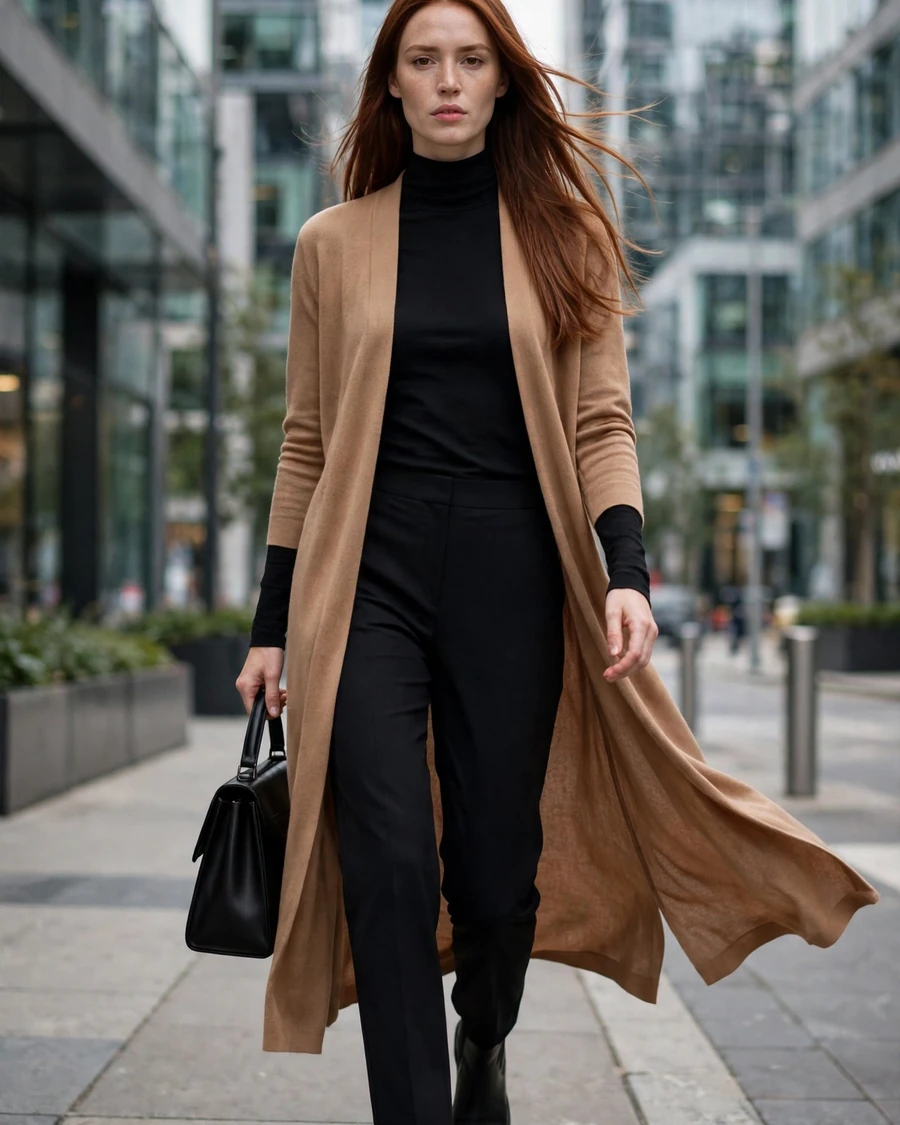 Long camel duster cardigan worn open over an all-black turtleneck, trousers and Chelsea boots outfit