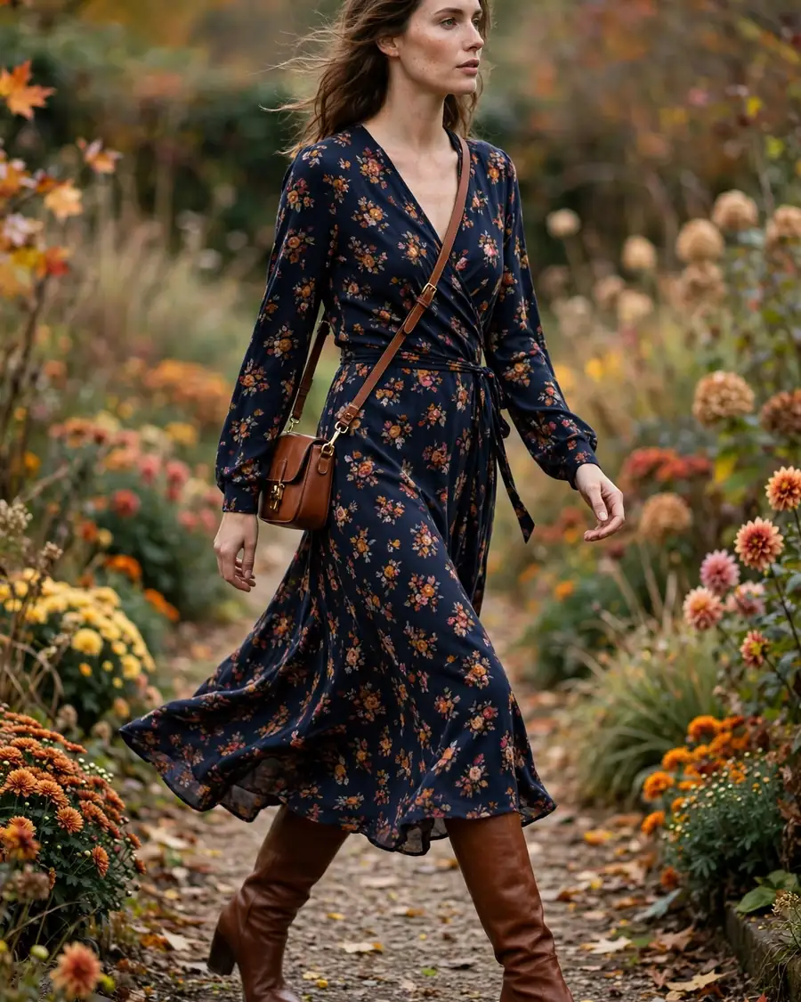 Navy autumn floral print long-sleeve wrap midi dress with cognac knee-high boots, outdoor fall wedding guest outfit
