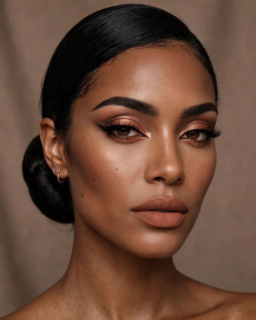 Copper cut-crease eyeshadow with sharp metallic copper lid and matte warm brown transition