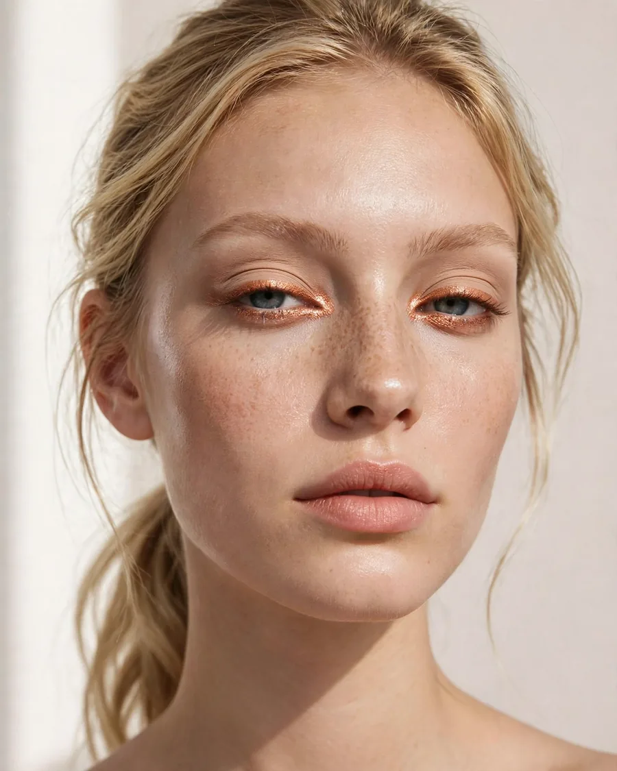 Copper inner-corner glow over a neutral beige eye with reflective copper shimmer at the inner corners