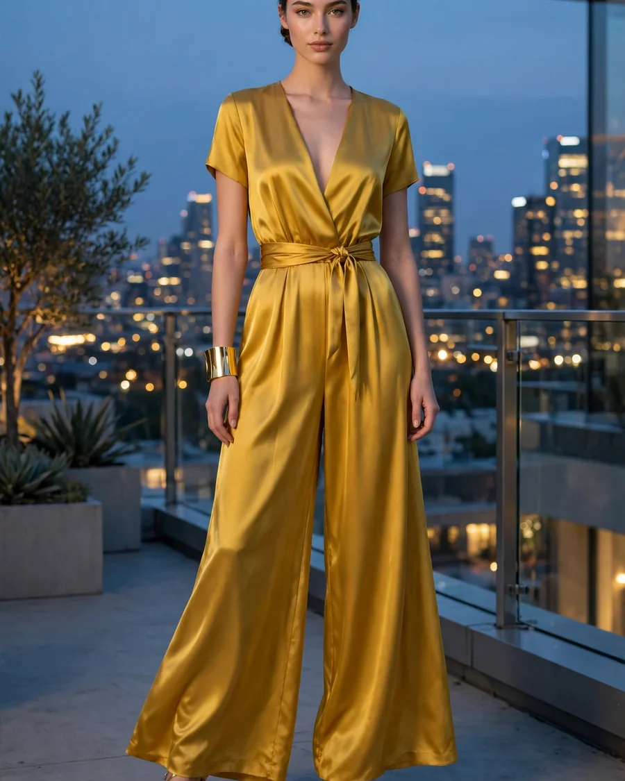 Mustard yellow satin wide-leg jumpsuit with metallic heels, modern fall wedding guest jumpsuit outfit