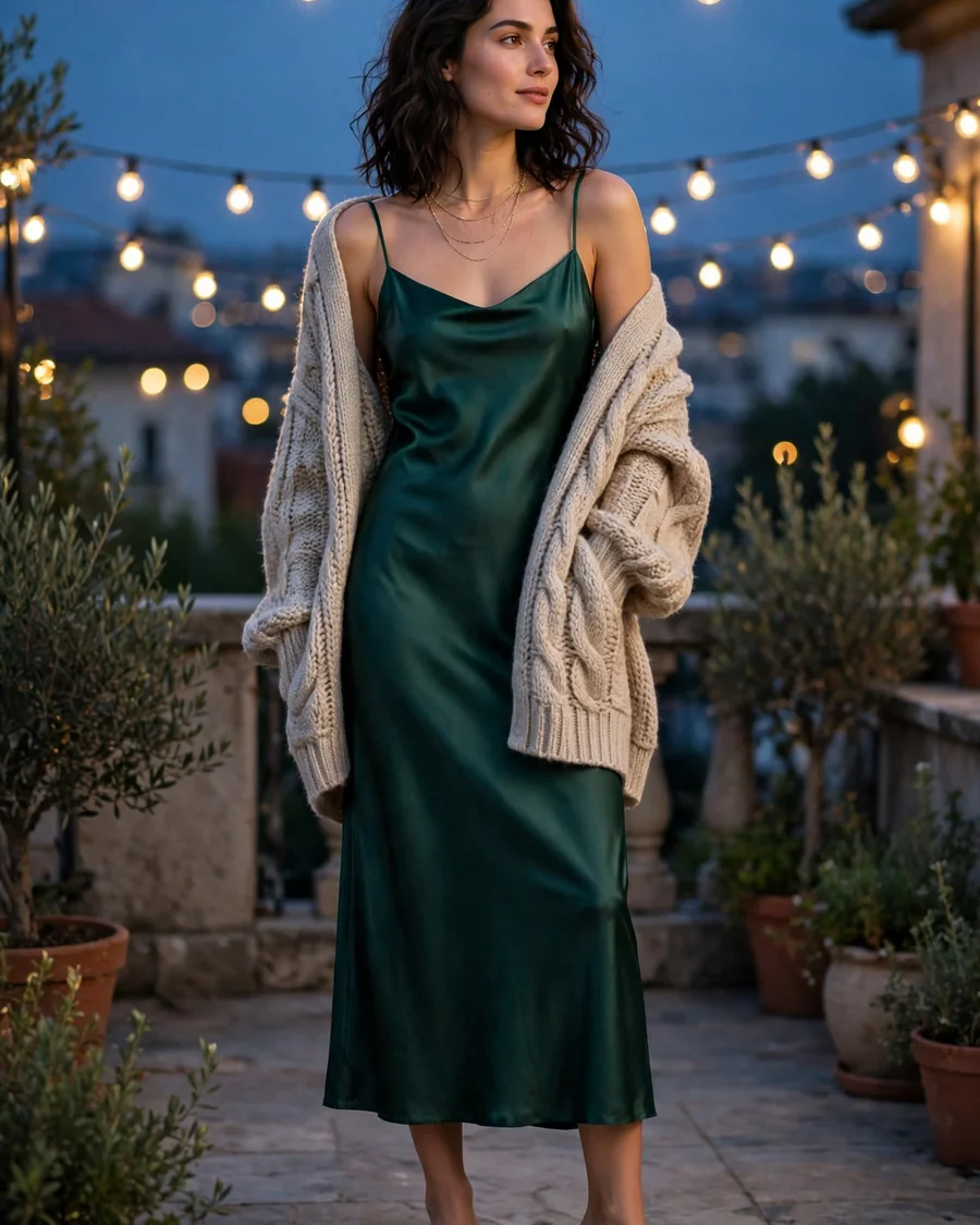 Oversized oatmeal chunky-knit cardigan layered open over an emerald satin midi slip dress with block-heel mules
