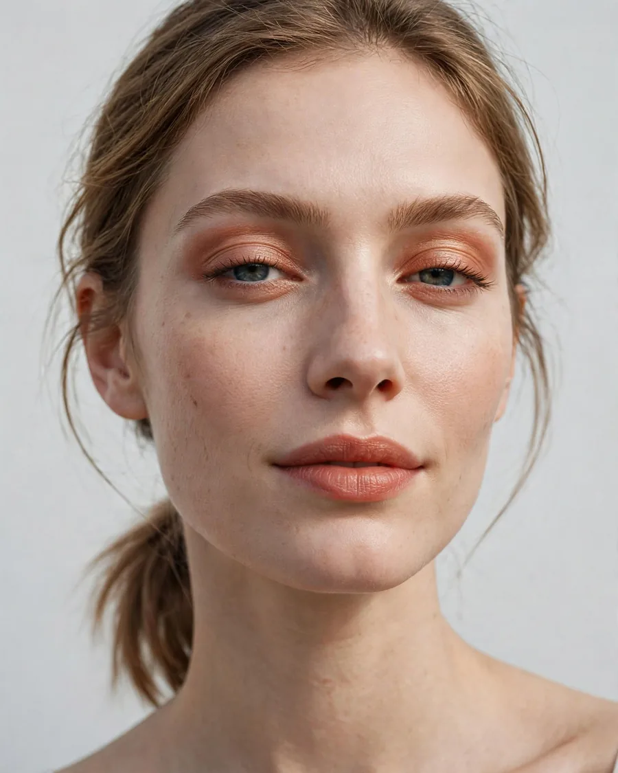 Sheer copper eyeshadow wash in a single translucent layer for everyday wear