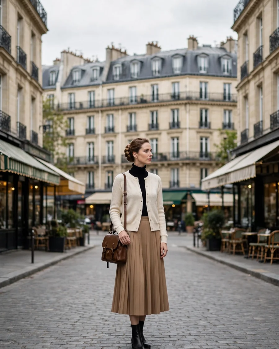 Cream V-neck cardigan layered over a black turtleneck with a camel pleated midi skirt and ankle boots