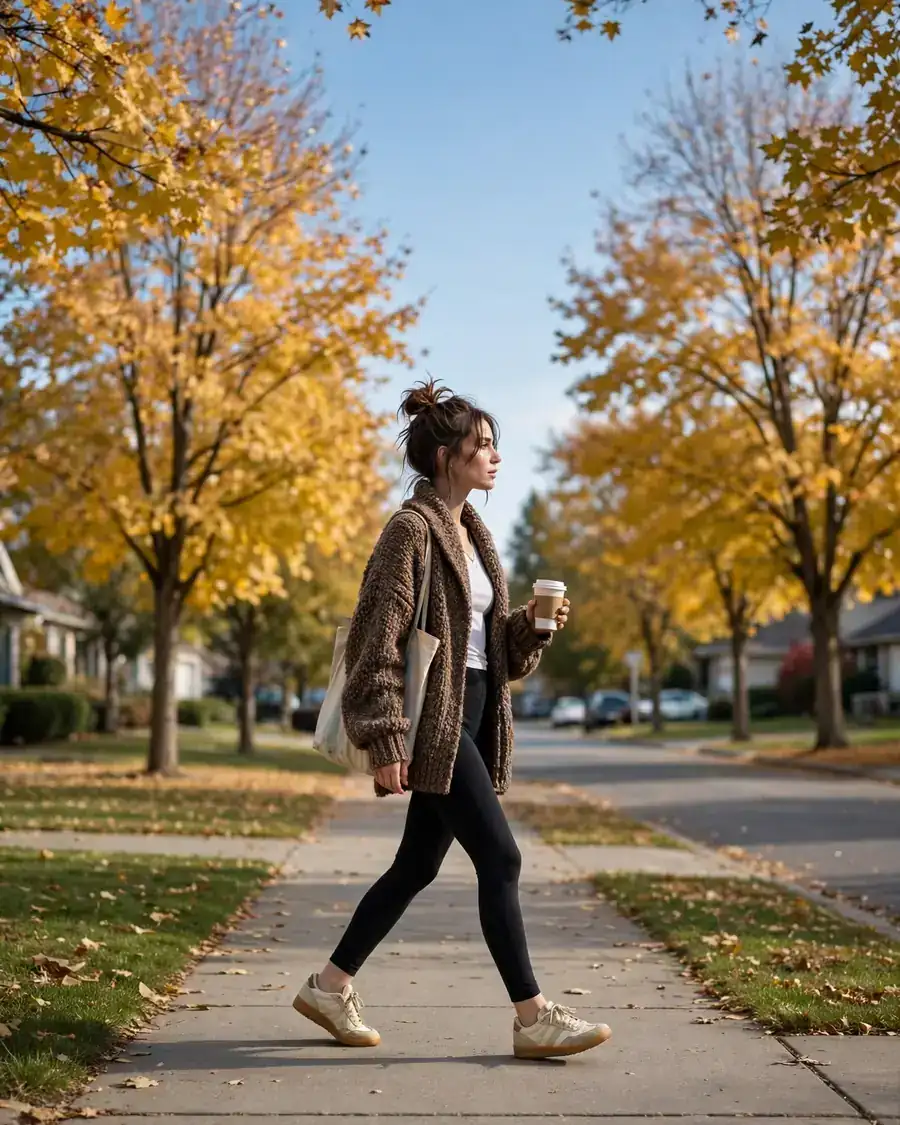 Oversized marled brown grandpa cardigan with shawl collar over white tee, black leggings and retro sneakers