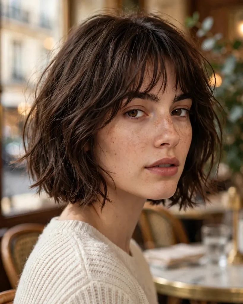 Textured French bob with piecey ends and wispy mid-forehead fringe in a Parisian café