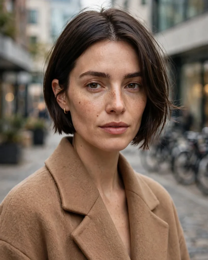 Boy bob with boxy ear-to-chin cut and center part in dark-brown hair