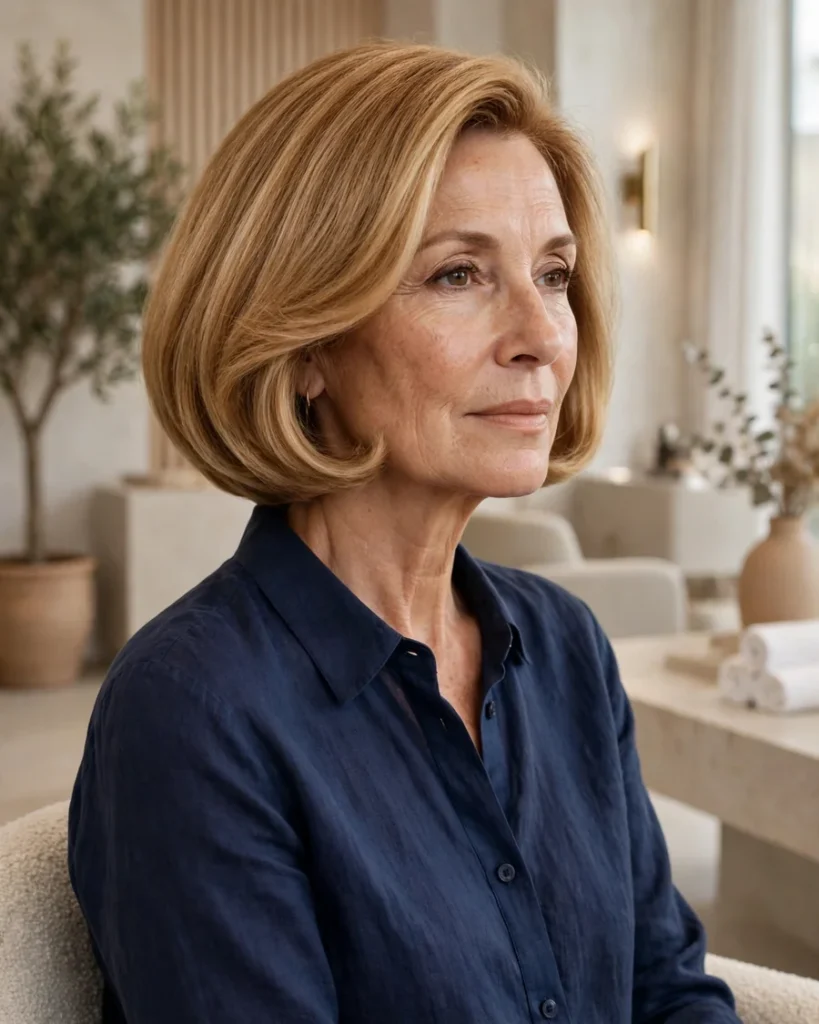Soft Italian bob with beveled inward-curving ends in honey-blonde hair