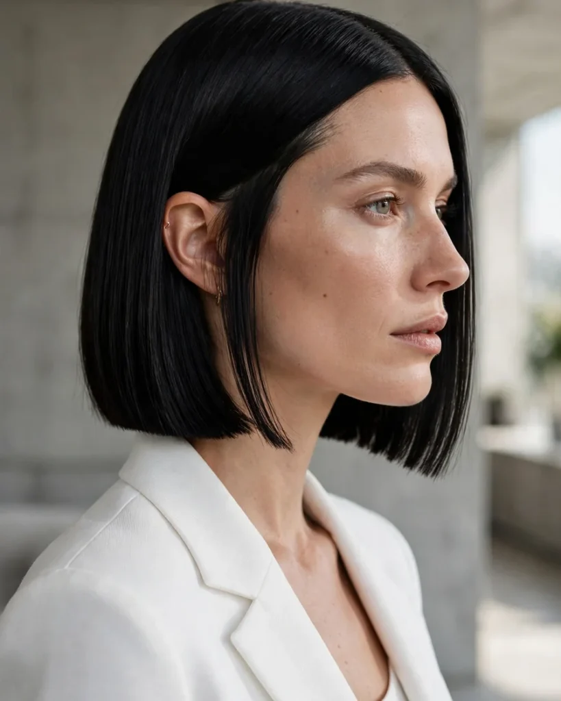 Blunt one-length bob with razor-sharp perimeter in glassy jet-black hair