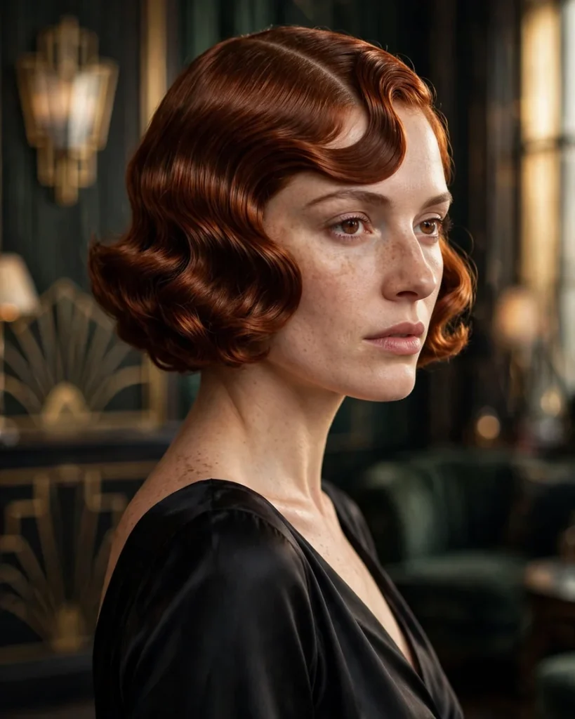 Ripple bob with sculpted 1930s waves and deep side part in auburn hair