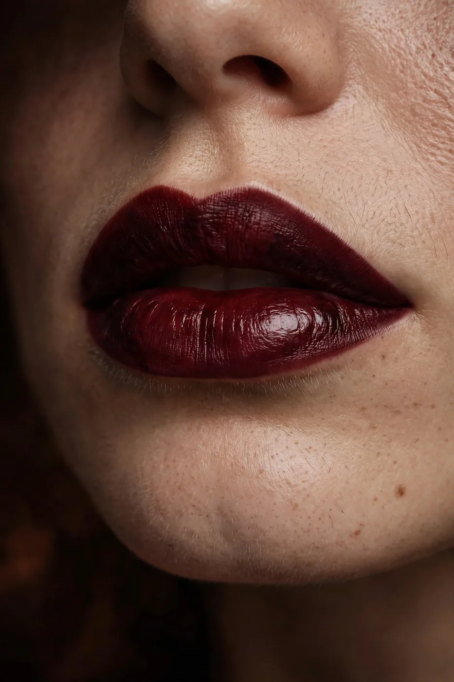 Deep oxblood satin dark red lipstick look