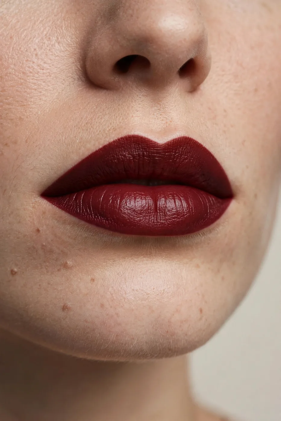 Overlined dark red lipstick look