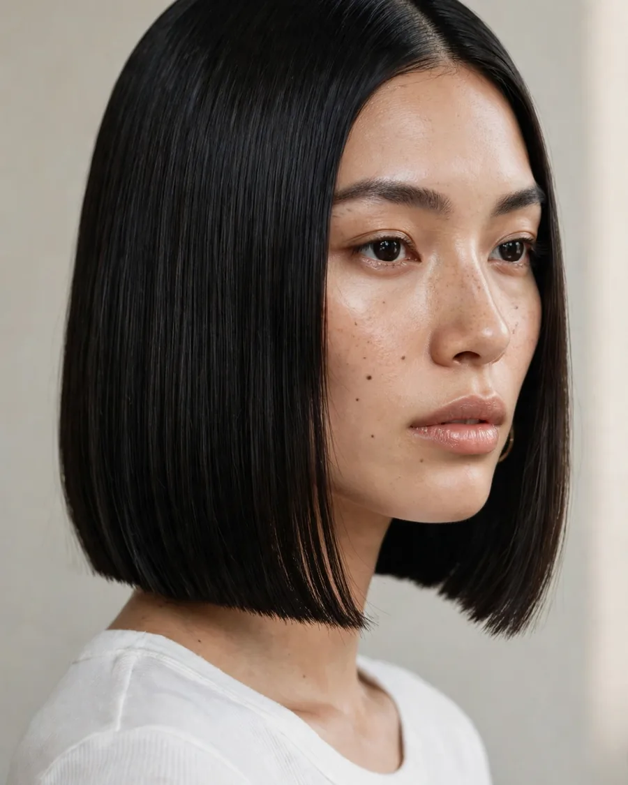 Sharp blunt collarbone lob haircut with pin-straight jet-black hair and deep center part