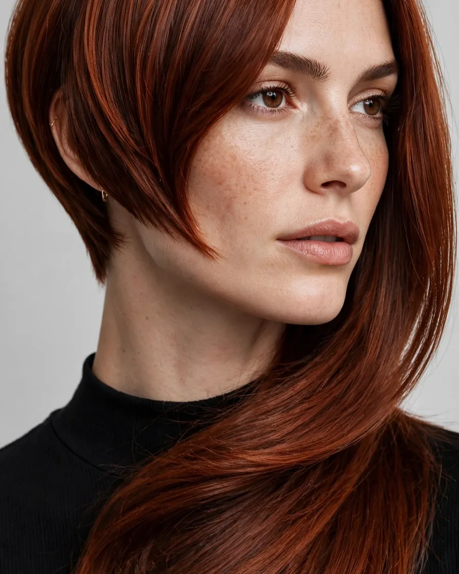 Asymmetrical lob haircut with auburn hair, one side cut shorter at the jawline