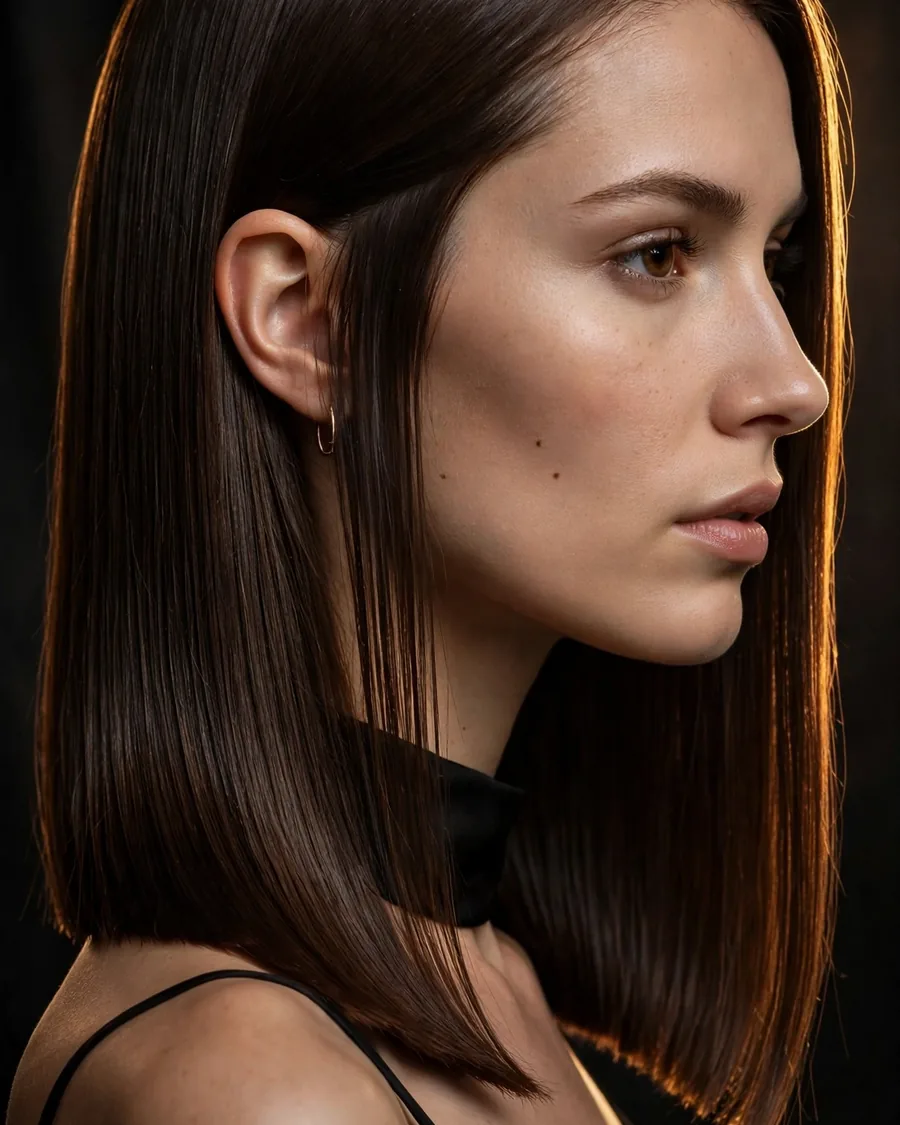 Sleek straight lob with glass-like glossy espresso-brown finish and deep side part