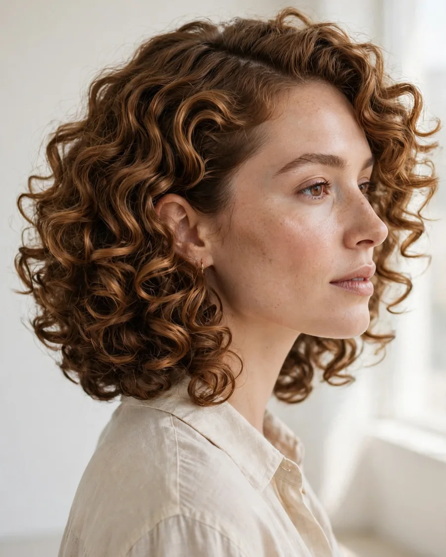 Curly lob with defined caramel 3A curls in a rounded collarbone-grazing silhouette