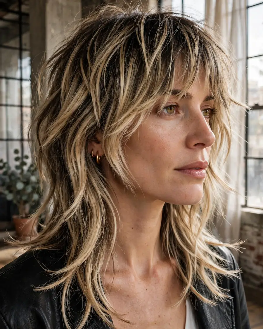 Choppy shaggy lob with razor-textured dark blonde layers and wispy fringe