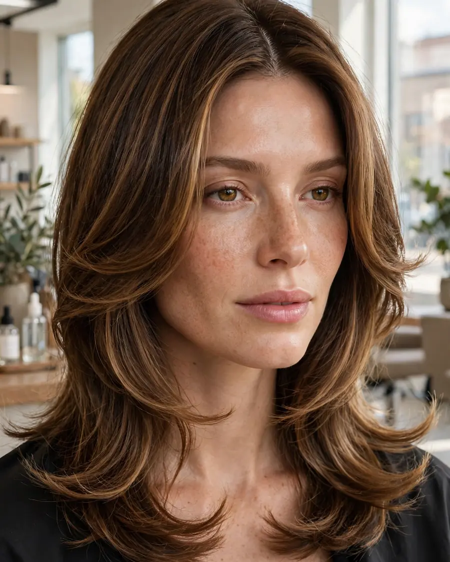 Layered lob with long face-framing layers in honey-brown with curved flicks