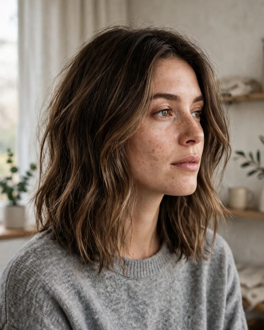 Grown-out effortless lob with natural dark brown air-dried texture