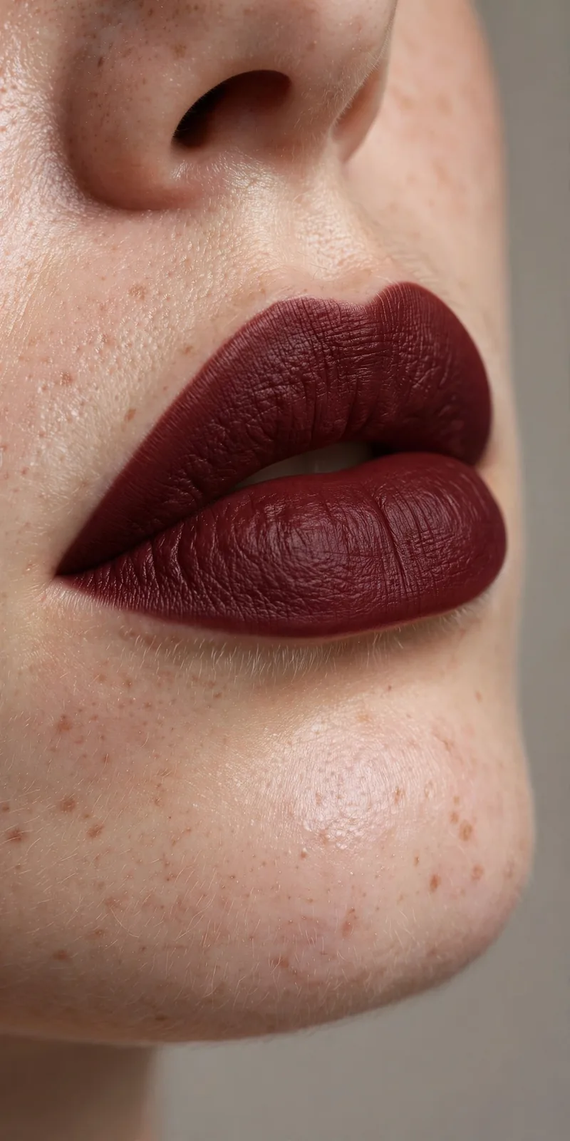 Close-up of deep oxblood matte lipstick on fresh minimal skin, fall lip makeup 2026