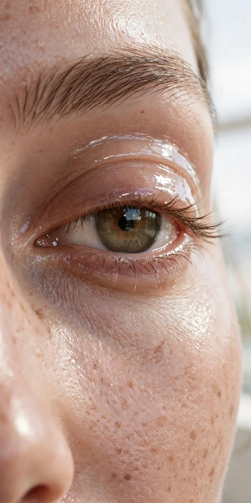 Glassy glossed lids with clear lip gloss over neutral taupe shadow, dewy eye trend fall 2026