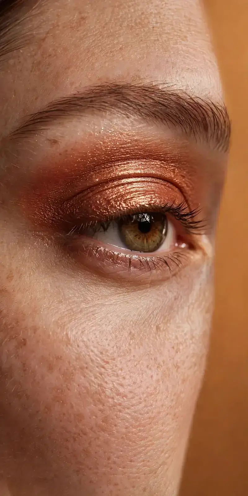 Burnished copper metallic eyeshadow with matte rust crease, metallic fall eye makeup 2026