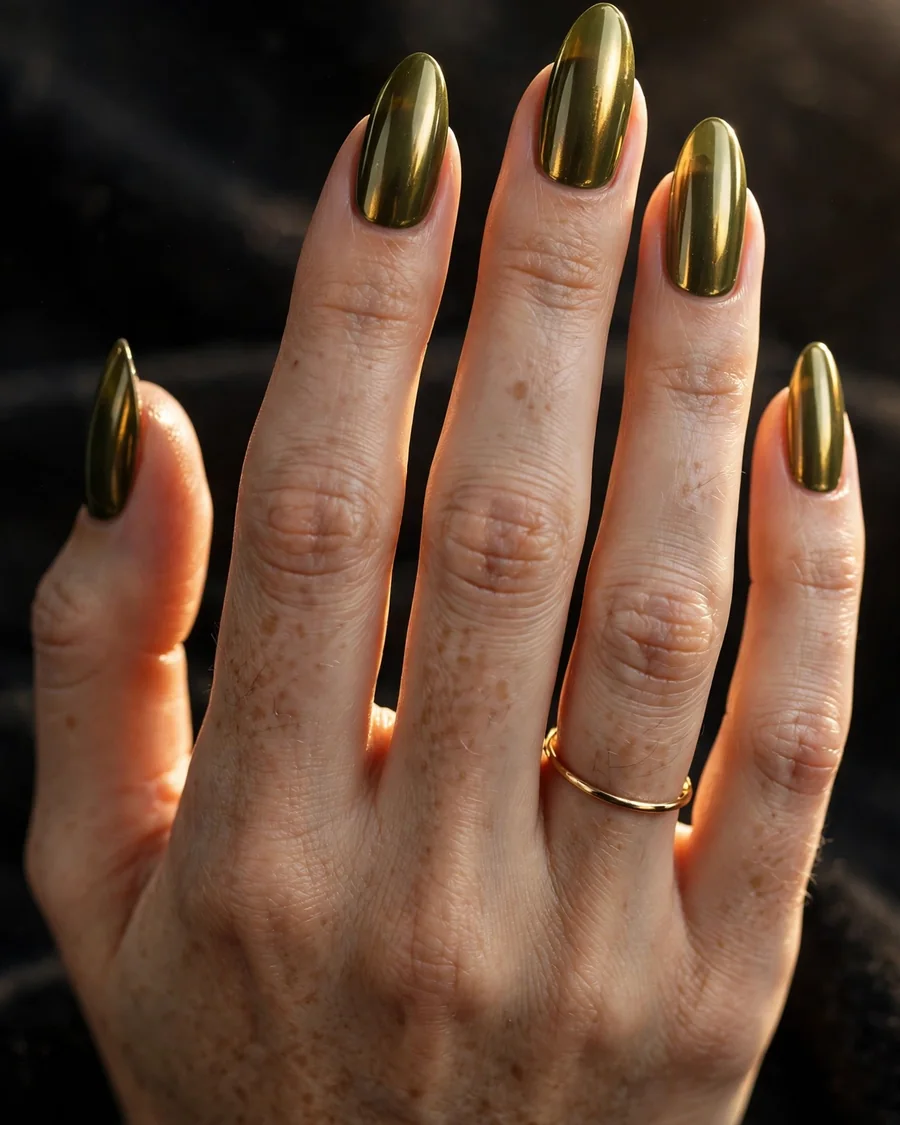Olive chrome nail designs - glazed metallic olive green almond nails