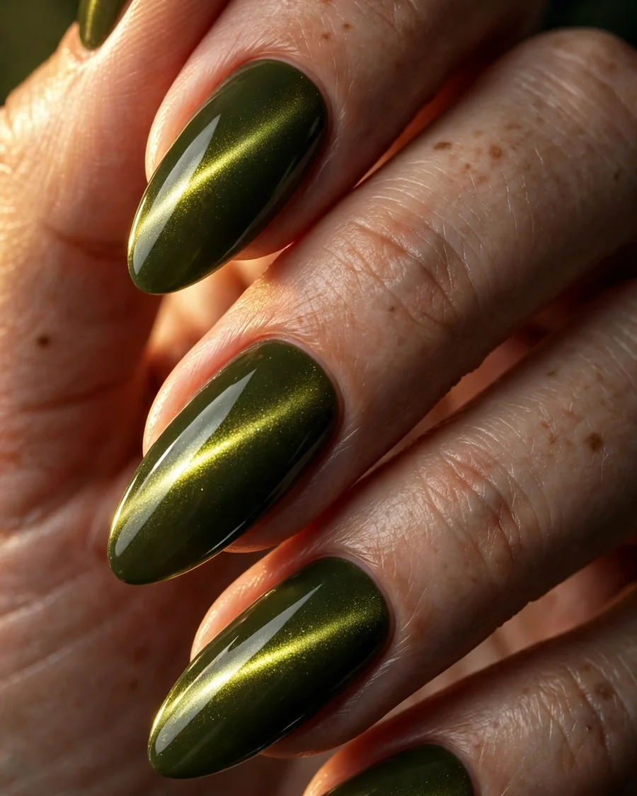 Olive green cat-eye nails - magnetic shimmer band manicure