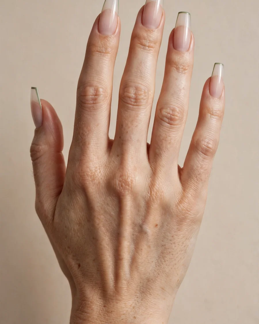 Sage micro French tip nails - thin sage green tips on sheer nude base