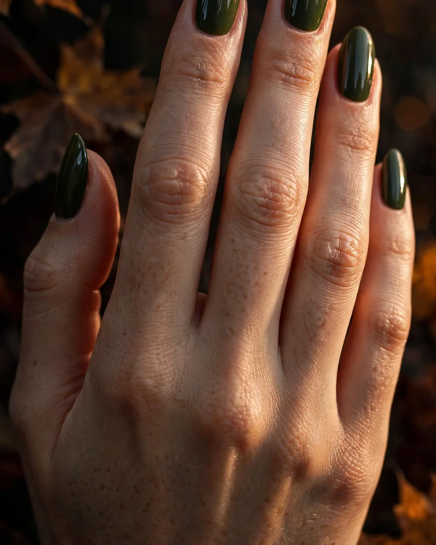 Deep military green nails - dark glossy olive field green manicure