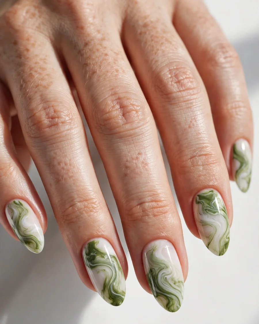 Matcha marble nail designs - green swirl marble over milky white base