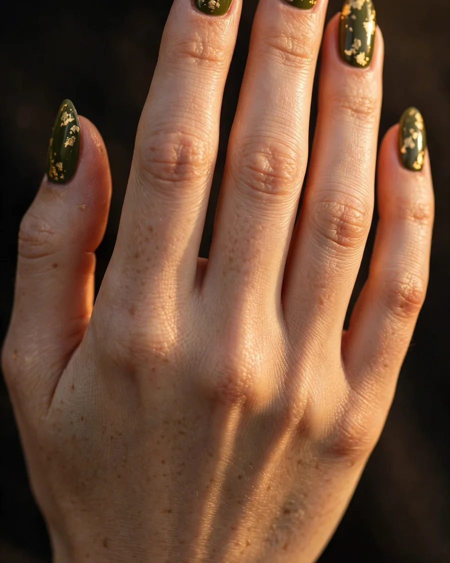 Olive green nails with gold foil accents - gold leaf fall manicure