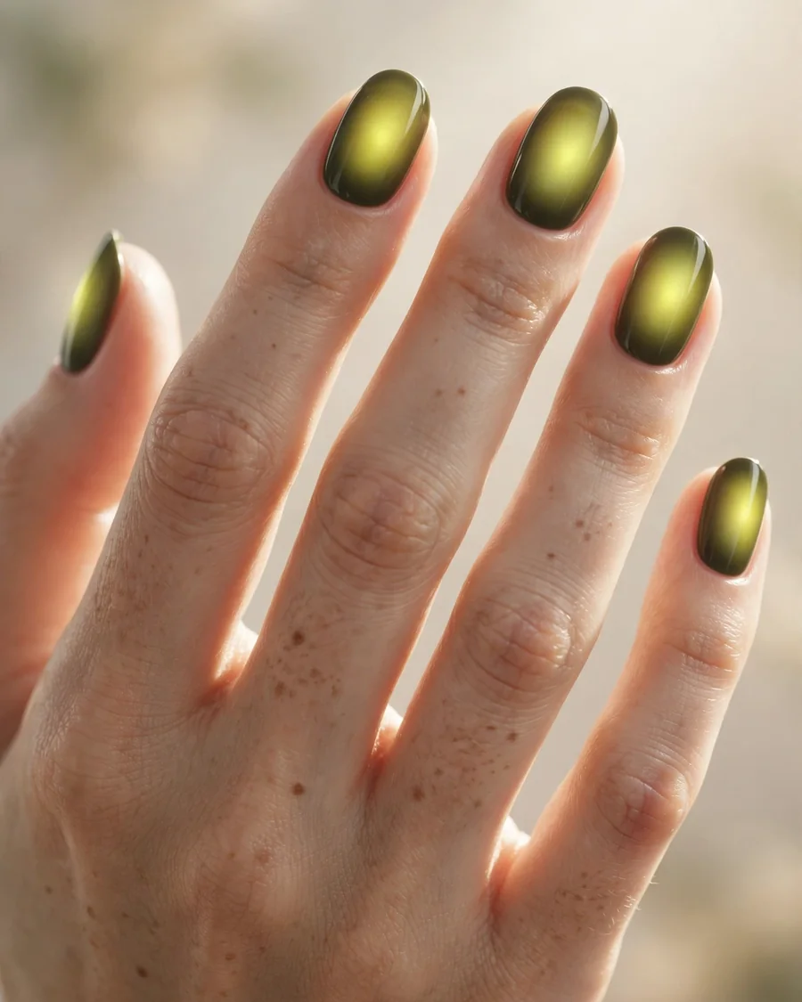 Olive aura nails - glowing yellow-green aura gradient manicure