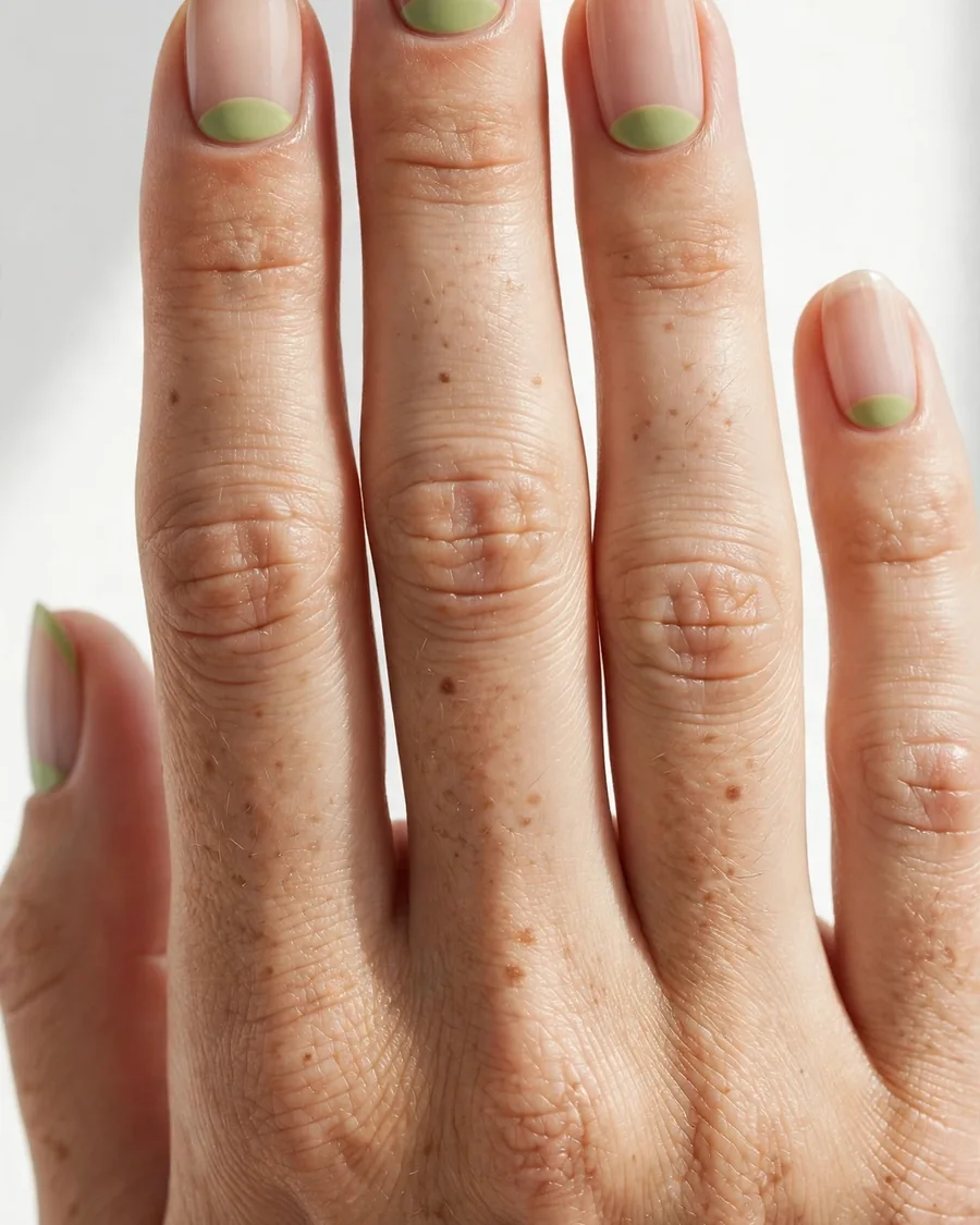 Pistachio half-moon negative space nails - pale olive cuticle arcs