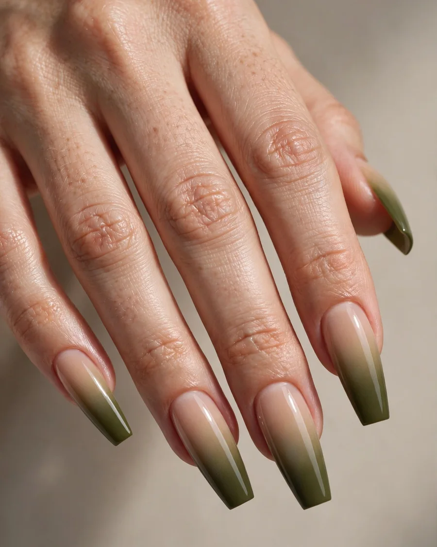 Olive ombre nails - deep olive to nude gradient fade manicure