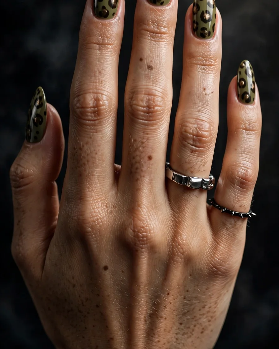 Olive leopard print nails - animal print nail art on olive green
